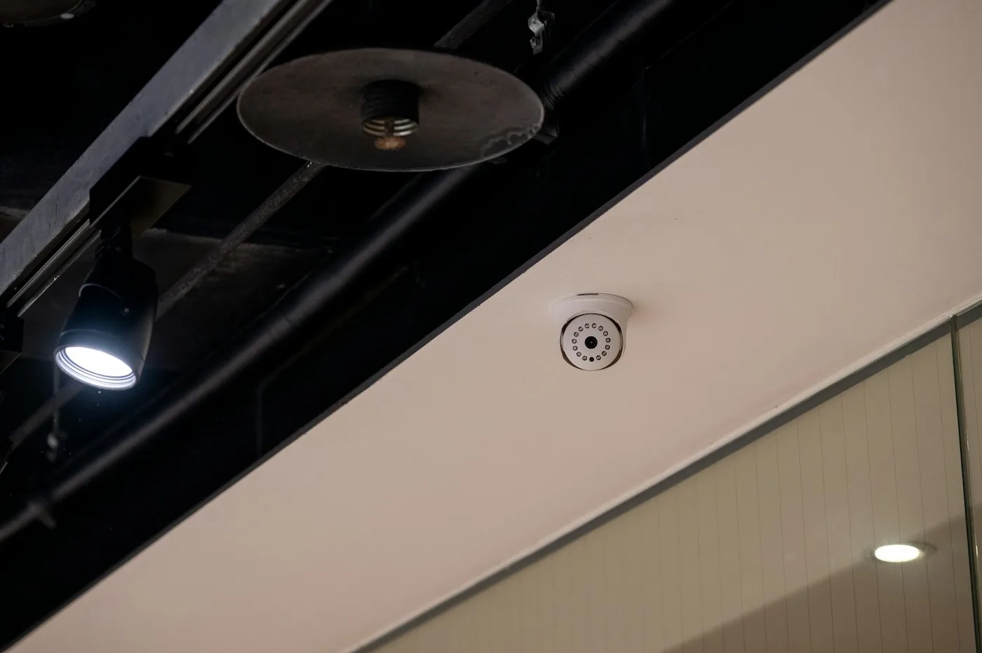 Security camera mounted on a white ceiling