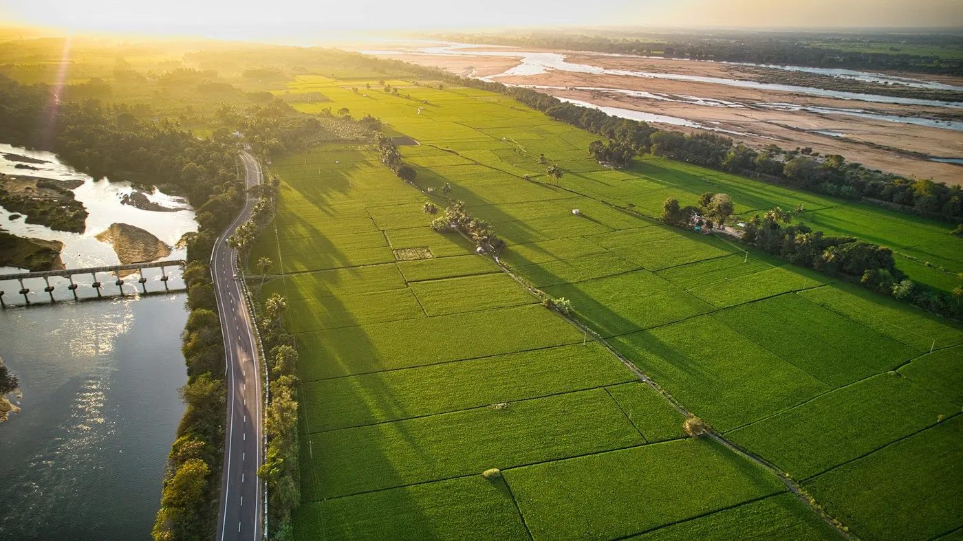 Aerial view of a river running through a lush green field