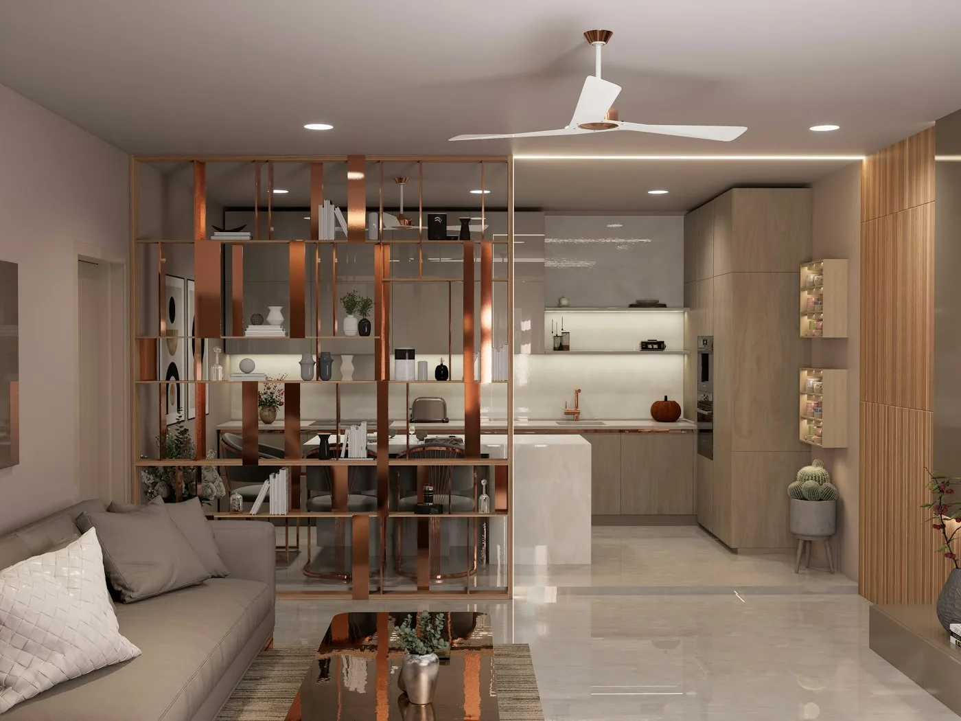 Modern living room with an open kitchen and divider