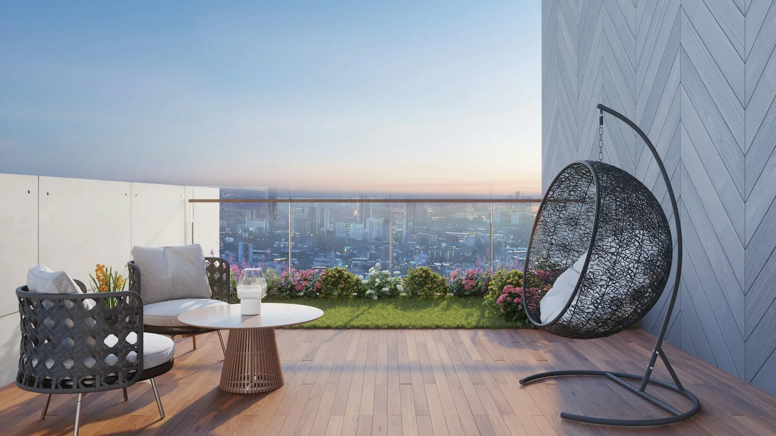 Modern balcony with a city view and a hanging chair