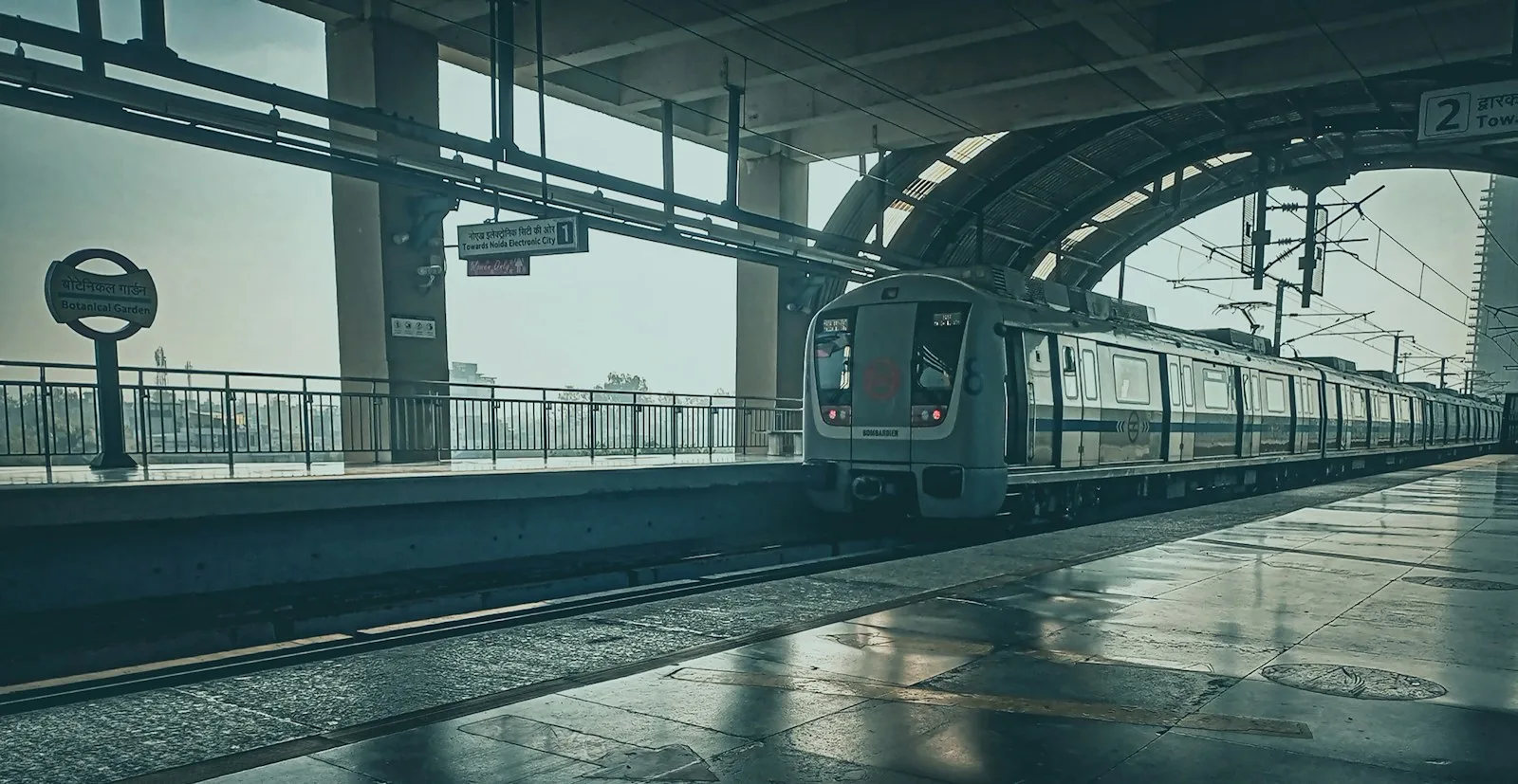 Metro train pulling into a station