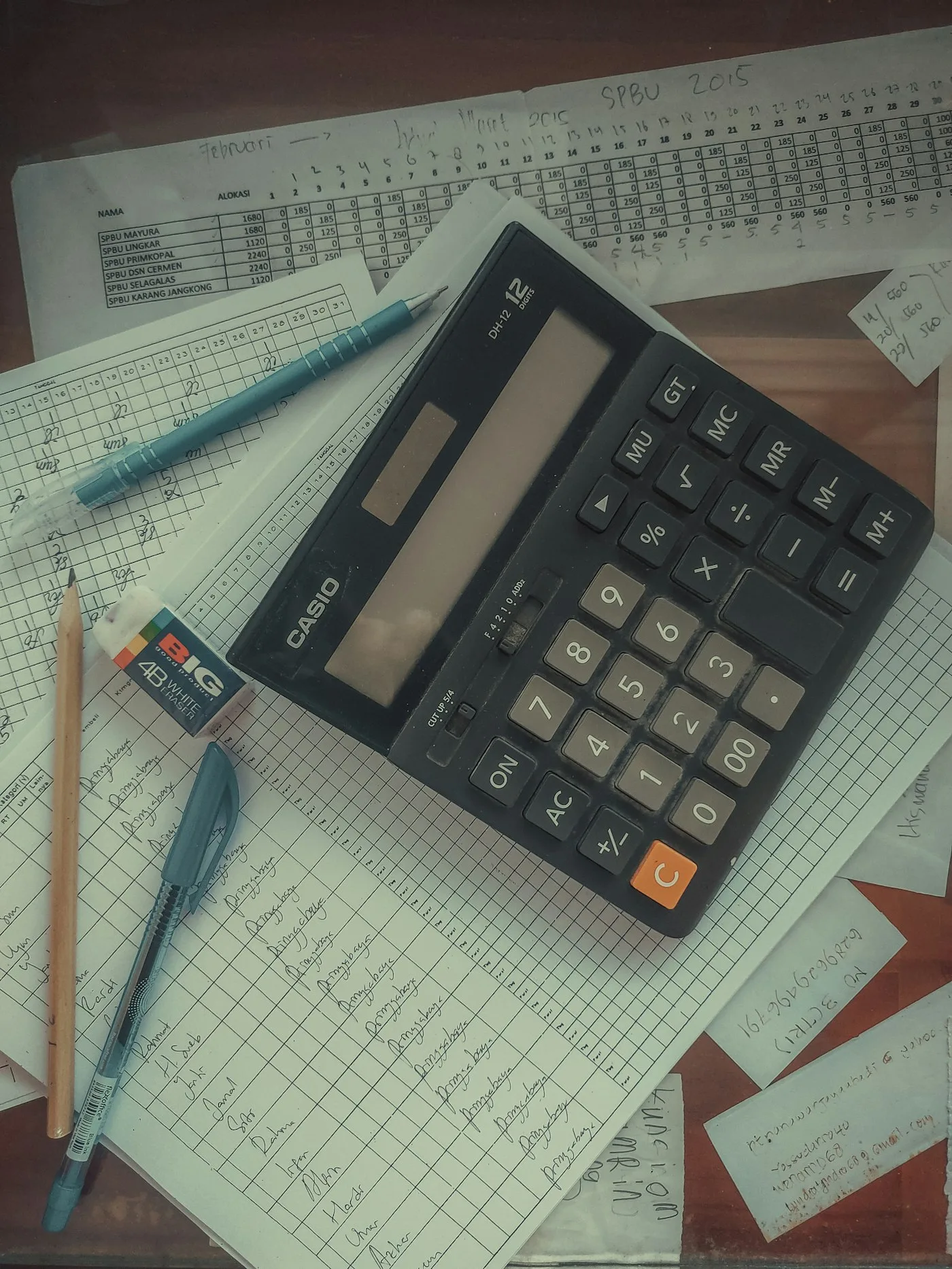 Calculator on top of a pile of papers