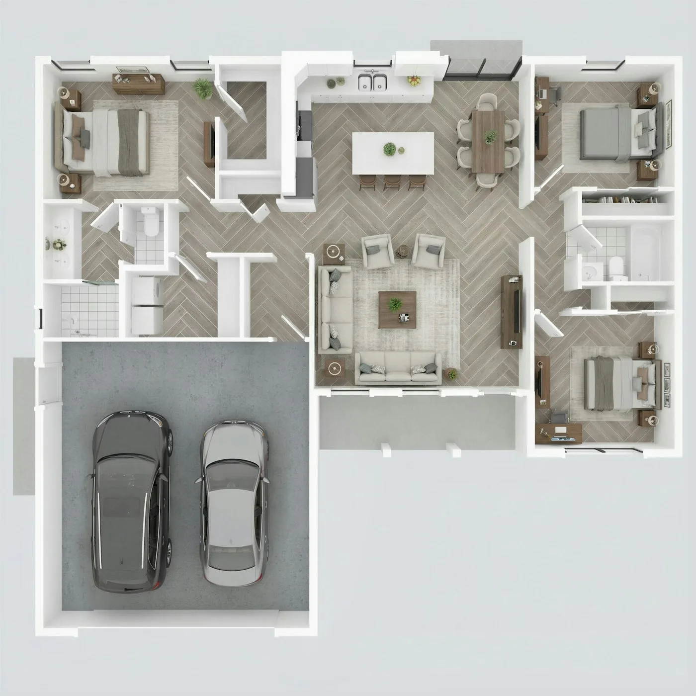 Top-down floor plan of a house with three bedrooms