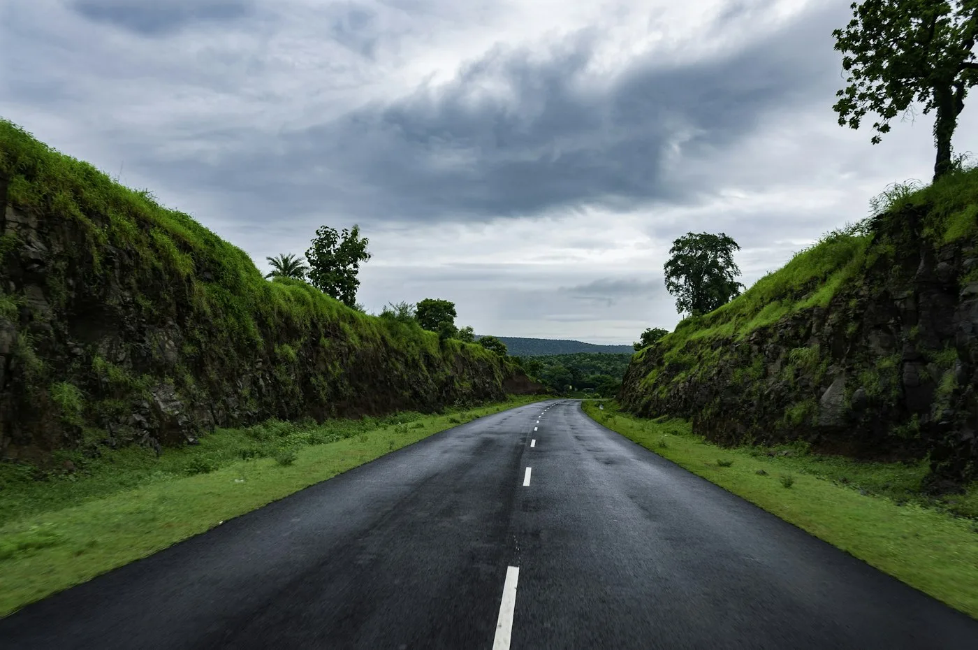 Concrete road through green fields
