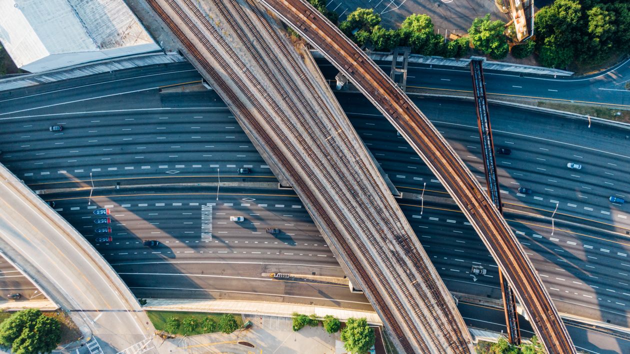 Top view of an intersecting city highway network