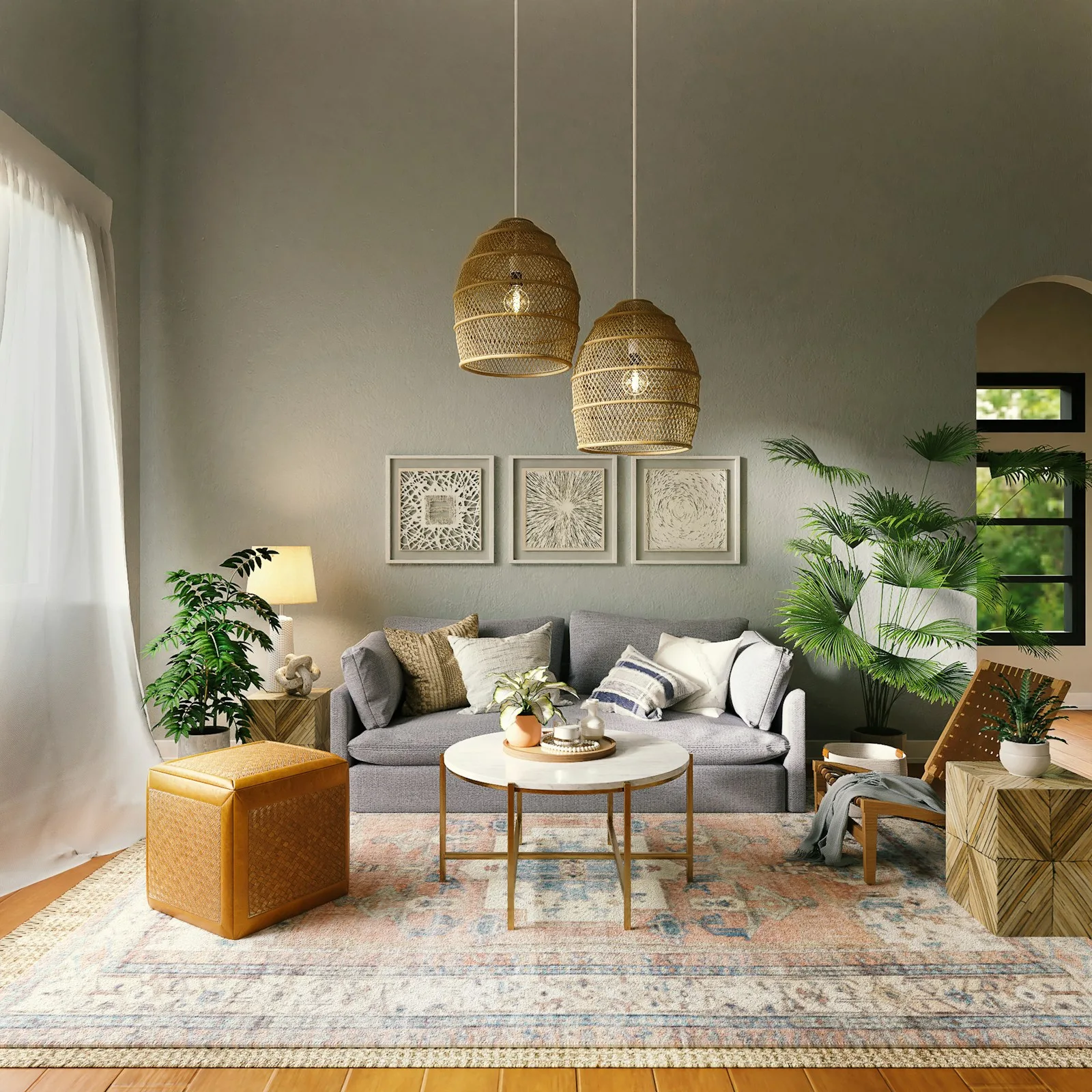 Bohemian-style living room with a patterned sofa and woven pendant lights