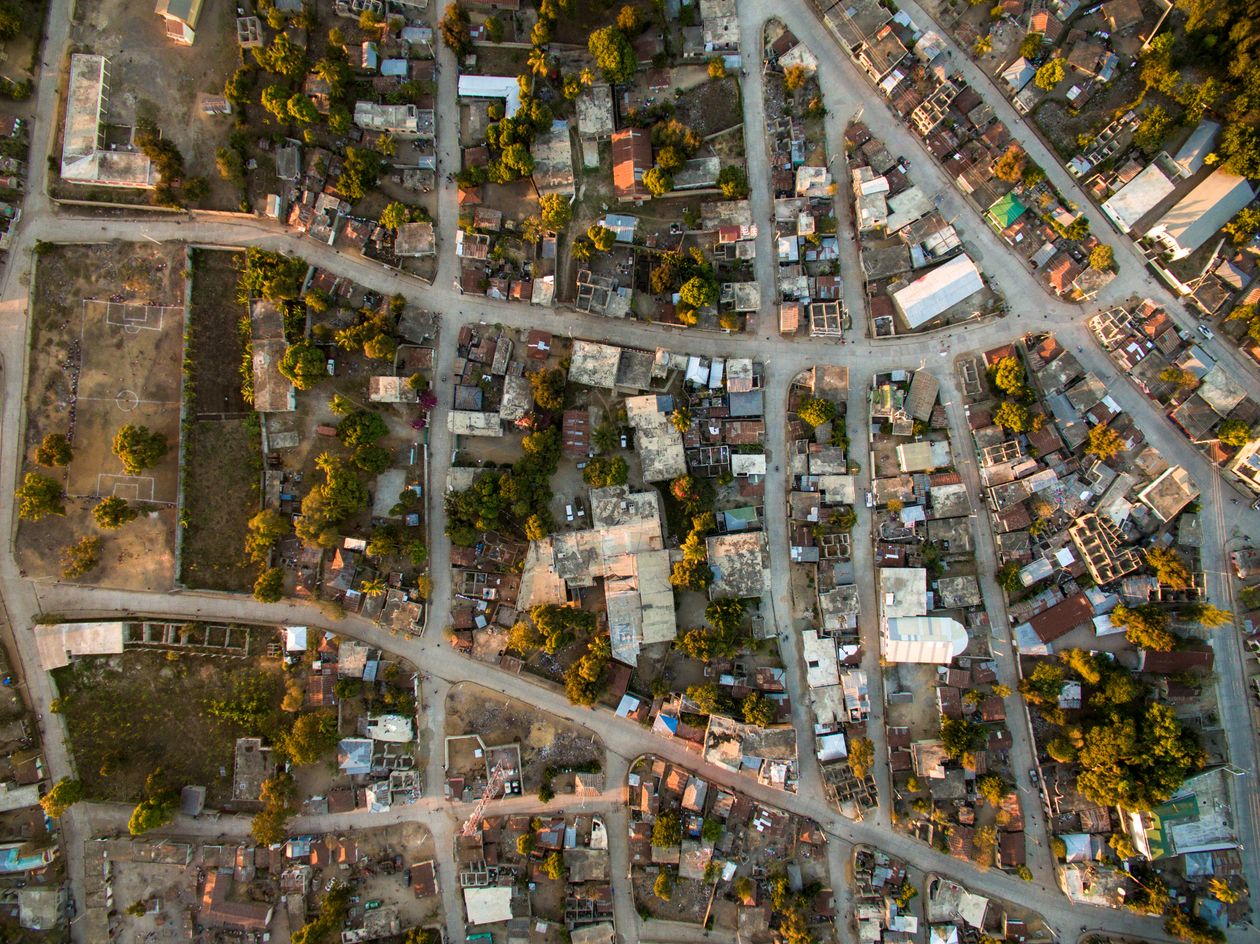 Aerial view of a residential neighbourhood with green spaces