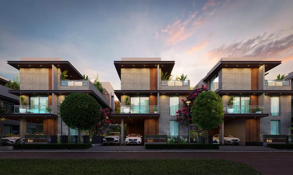 Exterior view of Ferié Villas at Century Wintersun township on Doddaballapura Road, North Bangalore