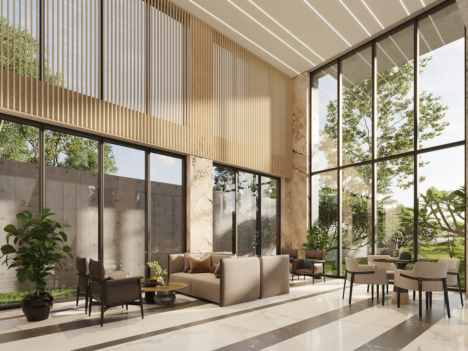 Sobha Altair clubhouse lounge natural wood design