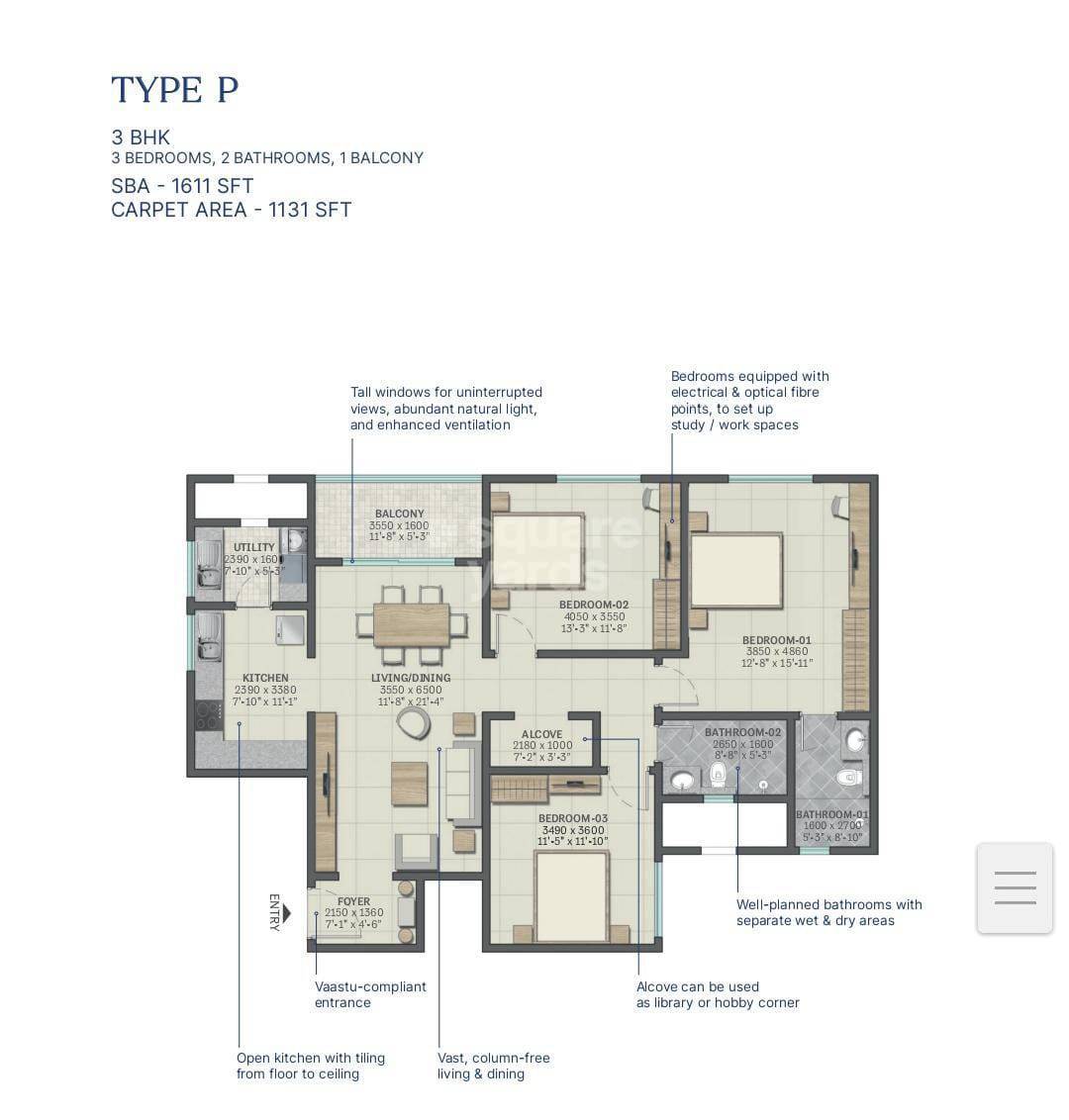 Sobha Neopolis 3 BHK floor plan 1611 to 1915 sq ft carpet